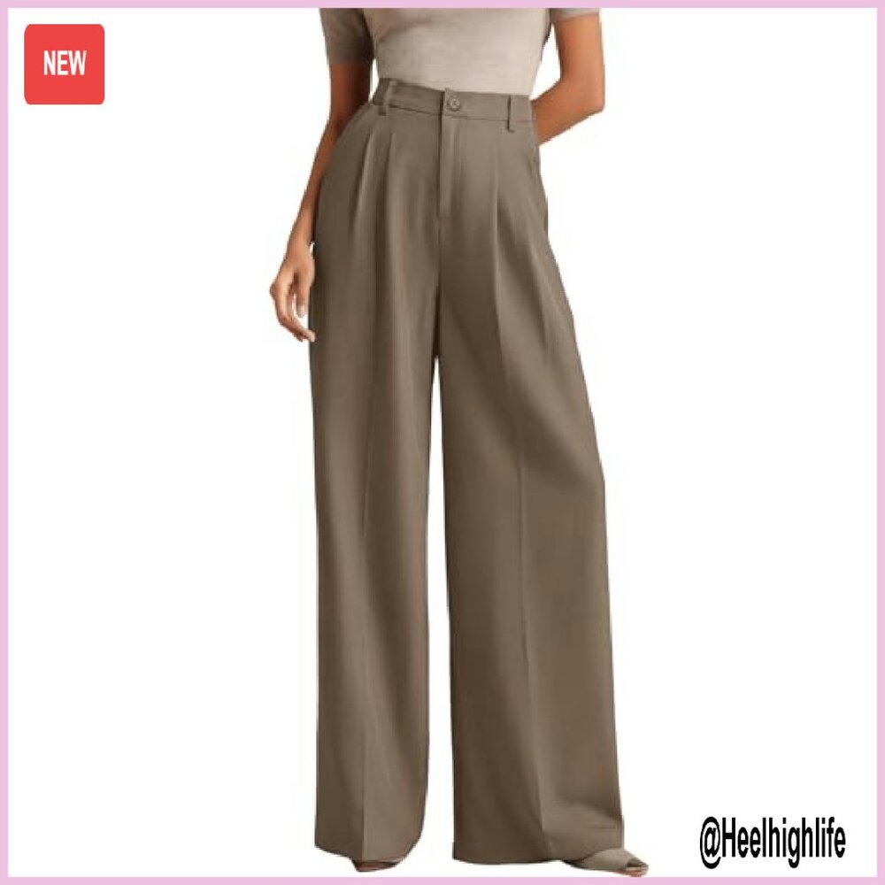 Women's Wide Leg Dress Pants High Waist Elastic Back Flowy Trousers - Picture 2 of 8